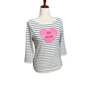 Talbots Valentine top black & white stripe pink sequin Be Mine heart cotton Sz S